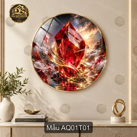 Tranh tráng gương tròn Đá quý 001 sắc đỏ decor phòng khách sang trọng