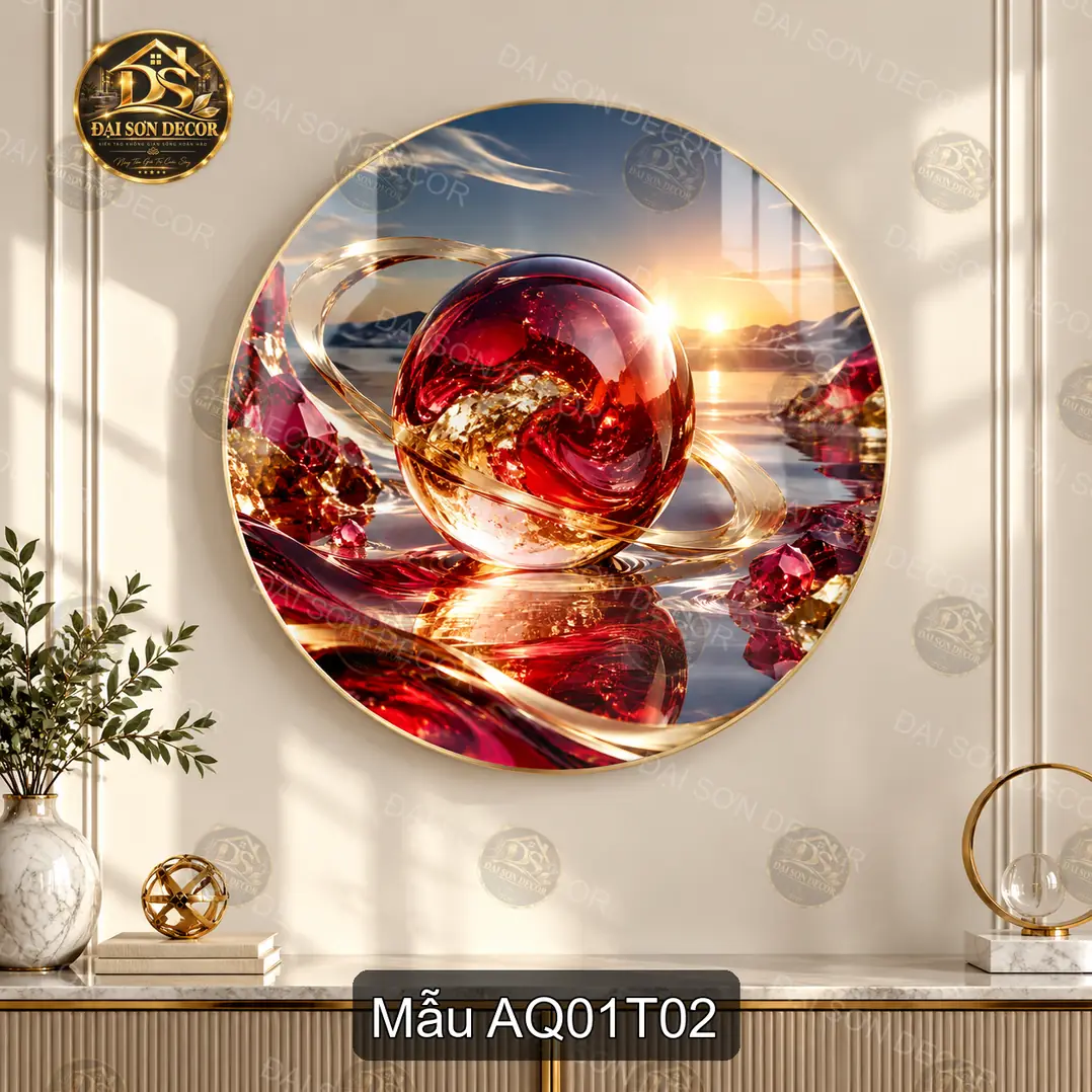 Tranh tráng gương tròn Đá quý 001 sắc đỏ decor phòng khách sang trọng