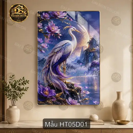 Tranh tráng gương Hạc tiên 005 treo tường thư pháp decor phòng khách phong cách sang trọng