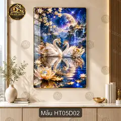 Tranh tráng gương Hạc tiên 005 treo tường thư pháp decor phòng khách phong cách sang trọng