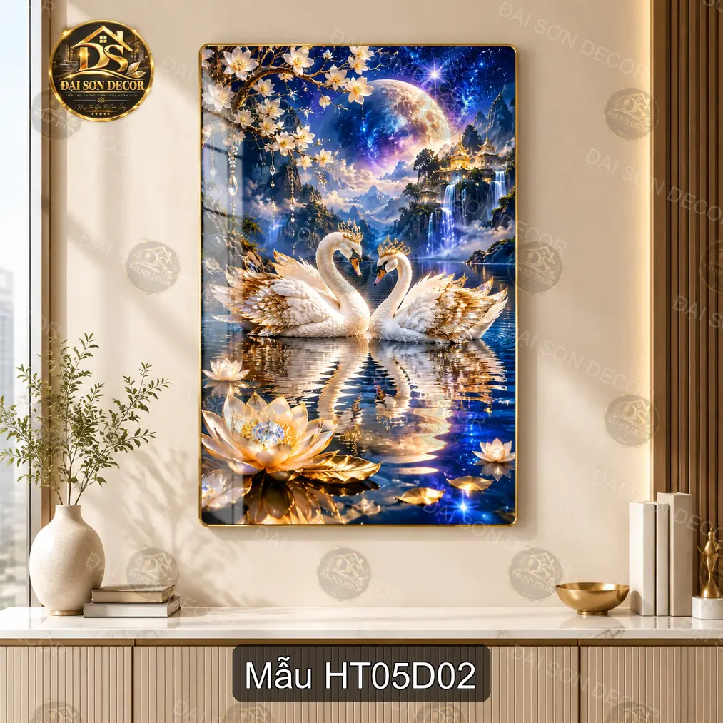 Tranh tráng gương Hạc tiên 005 treo tường thư pháp decor phòng khách phong cách sang trọng