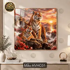 Tranh tráng gương hổ và hổ con phong cảnh núi rừng trang trí phòng khách