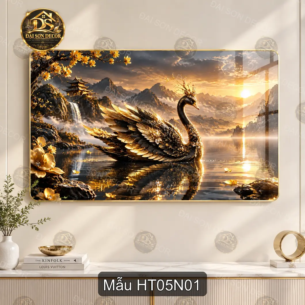 Tranh tráng gương Hạc tiên 005 hồ núi hoàng hôn decor phòng khách sang trọng