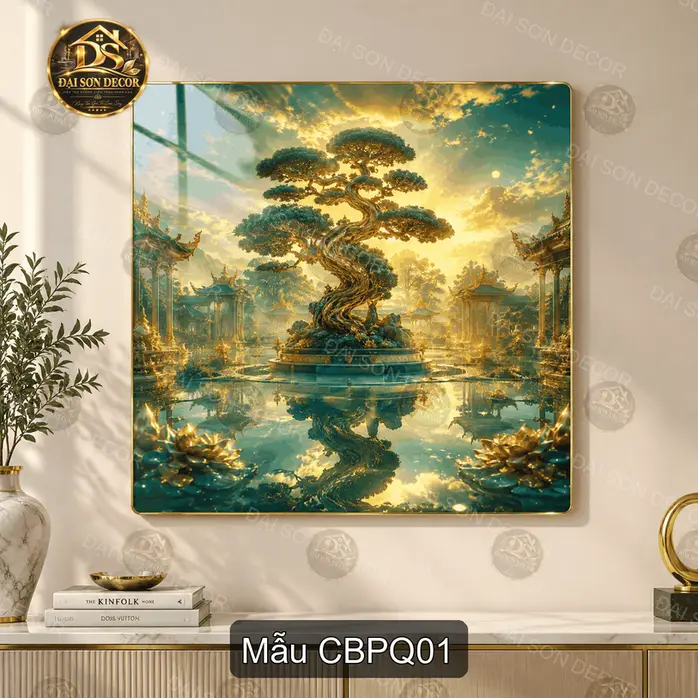 Tranh tráng gương cây bonsai phú quý vuông trang trí phòng khách quà tặng ý nghĩa