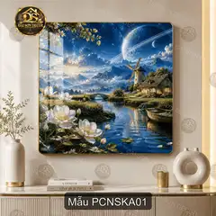 Tranh tráng gương phong cảnh núi sông kỳ ảo vuông PCNSKA01 trang trí phòng khách
