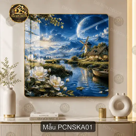 Tranh tráng gương phong cảnh núi sông kỳ ảo vuông PCNSKA01 trang trí phòng khách