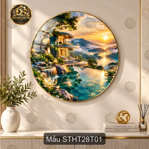 Tranh tráng gương tròn Sơn thủy hữu tình 028 nhà ven hồ thác nước decor phòng khách
