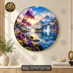 Tranh tráng gương tròn Sơn thủy hữu tình 028 nhà ven hồ thác nước decor phòng khách