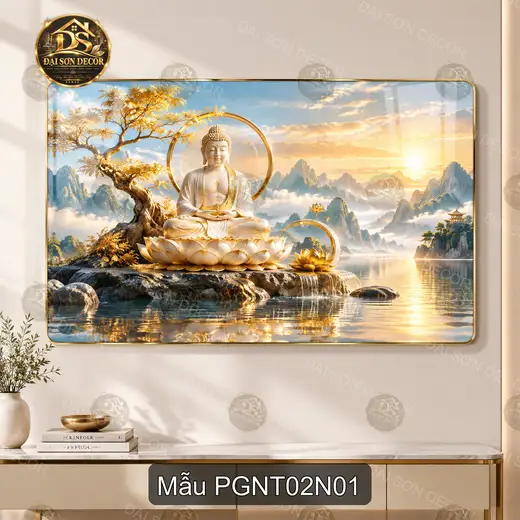 Tranh tráng gương Phật giáo nghệ thuật 002 Đức Phật thiền định hồ sen decor phòng khách