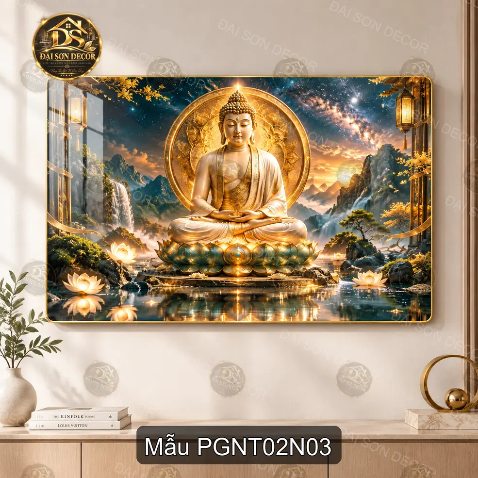 Tranh tráng gương Phật giáo nghệ thuật 002 Đức Phật thiền định hồ sen decor phòng khách