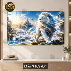 Tranh tráng gương sư tử trắng fantasy hiện đại treo tường phòng khách sáng đẹp ST03N01