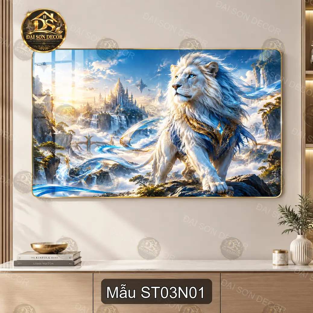 Tranh tráng gương sư tử trắng fantasy hiện đại treo tường phòng khách sáng đẹp ST03N01