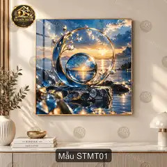 Tranh tráng gương Sơn thủy mặt trời vuông STMT01 decor phòng khách sang trọng