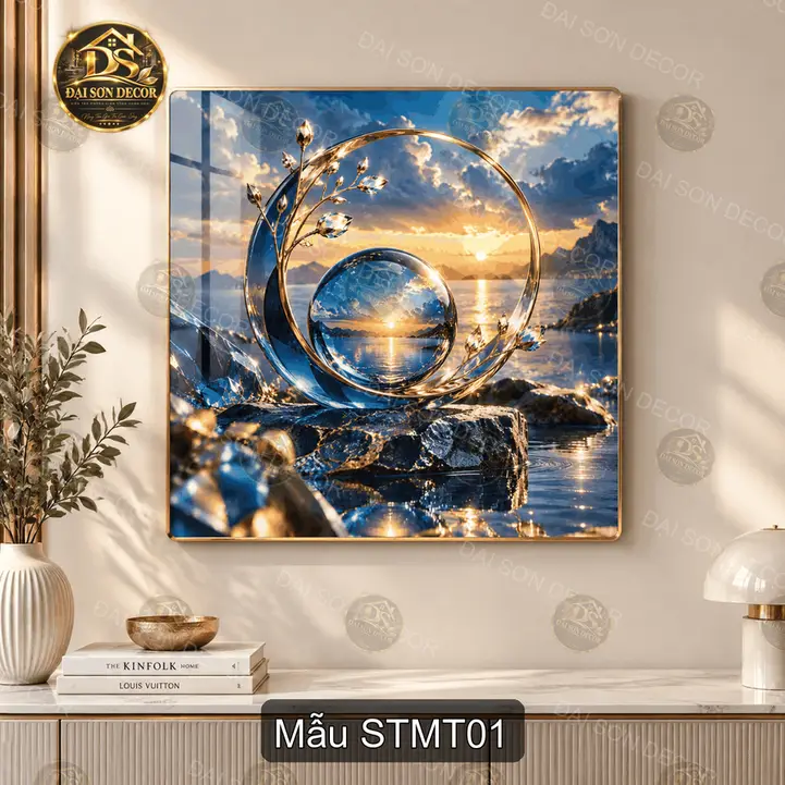 Tranh tráng gương Sơn thủy mặt trời vuông STMT01 decor phòng khách sang trọng