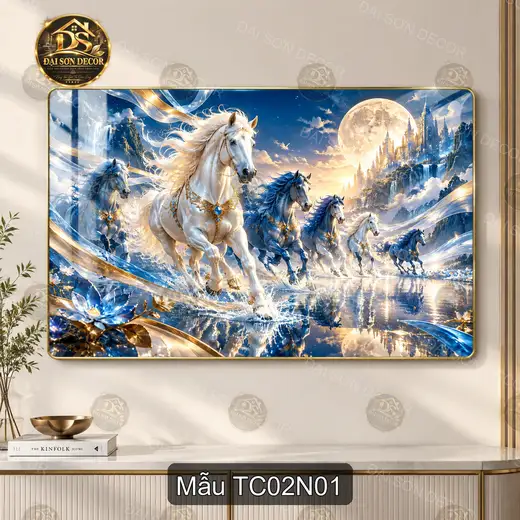 Tranh tráng gương Thành công 002 đàn ngựa thần vượt sóng decor phòng khách sang trọng
