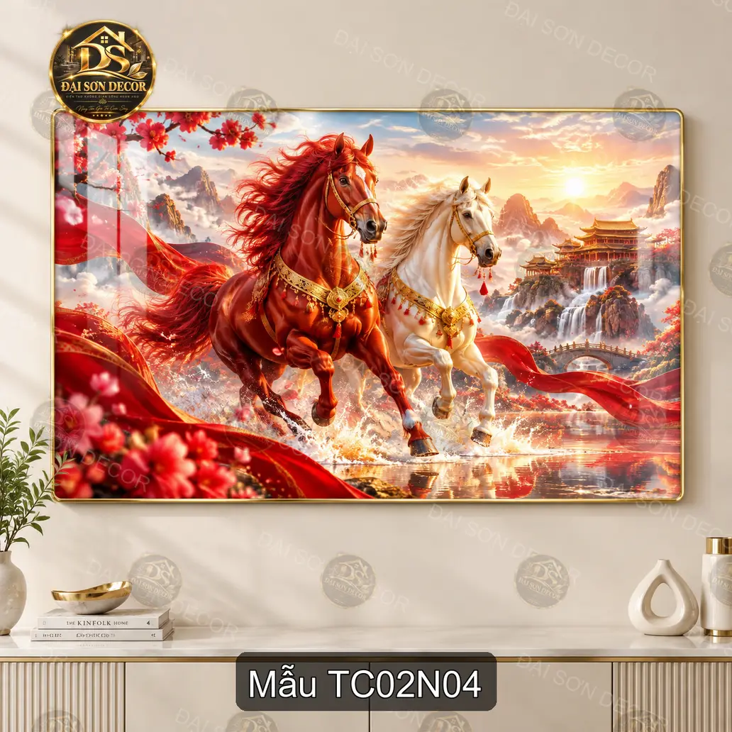 Tranh tráng gương Thành công 002 đàn ngựa thần vượt sóng decor phòng khách sang trọng