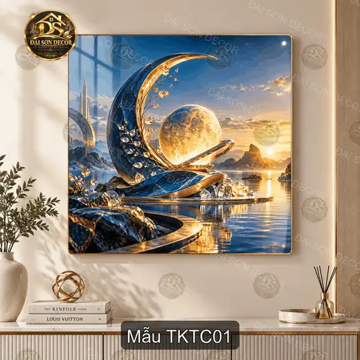 Tranh tráng gương Trăng khuyết tiên cảnh decor phòng khách sang trọng quà tặng thư pháp