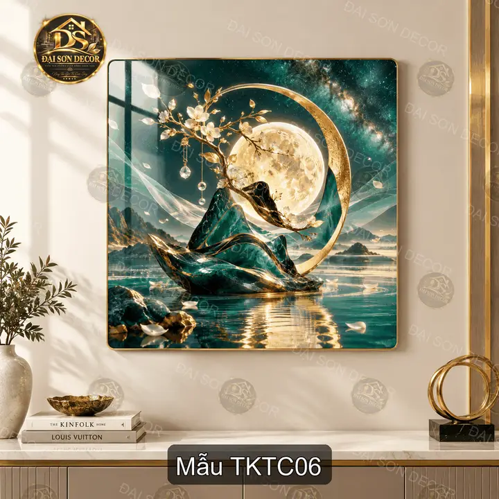 Tranh tráng gương Trăng khuyết tiên cảnh decor phòng khách sang trọng quà tặng thư pháp