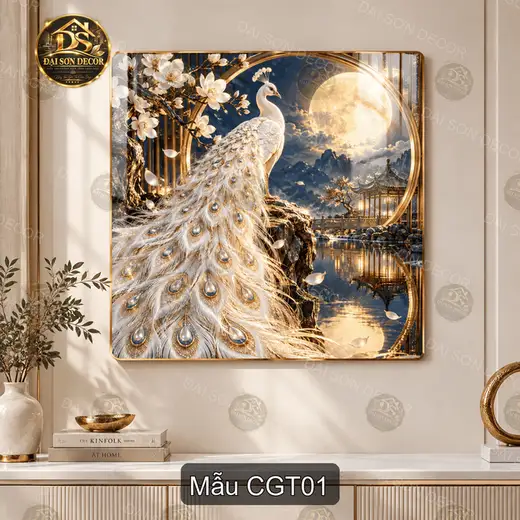 Tranh tráng gương công giữa trăng treo tường phòng khách decor sang trọng quà tặng tân gia
