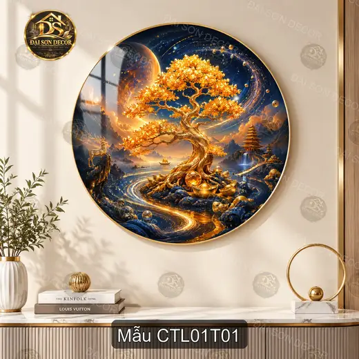Tranh tráng gương tròn Cây tài lộc 001 decor phòng khách phong thủy sang trọng