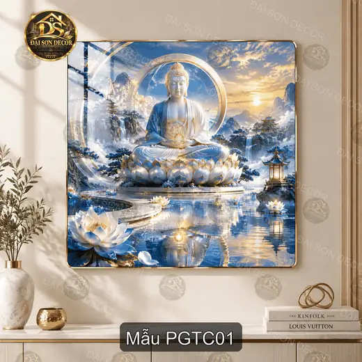 Tranh tráng gương Phật giữa tiên cảnh vuông decor phòng khách PGTC01