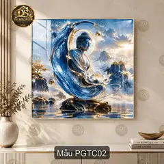 Tranh tráng gương Phật giữa tiên cảnh vuông decor phòng khách PGTC01