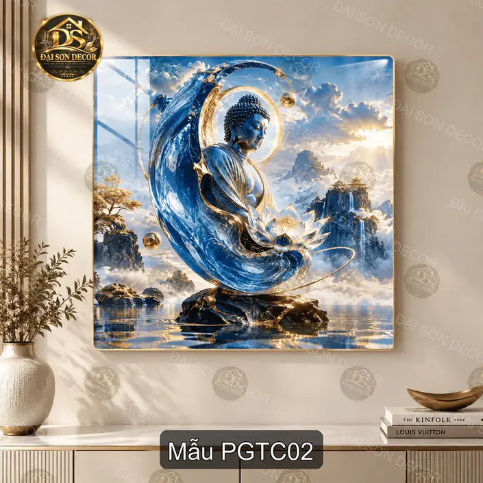 Tranh tráng gương Phật giữa tiên cảnh vuông decor phòng khách PGTC01