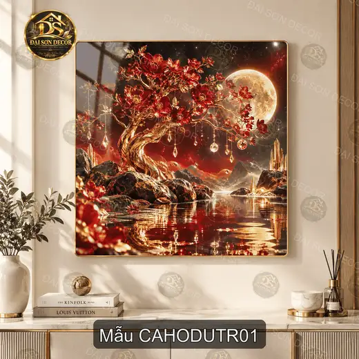 Tranh tráng gương treo tường Cây hoa dưới trăng phong cách nghệ thuật trang trí phòng khách