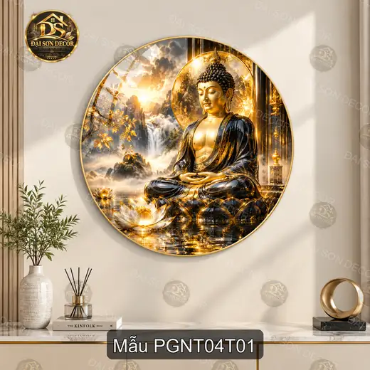 Tranh tráng gương tròn Phật giáo nghệ thuật 004 hình Phật thiền giữa núi sen decor