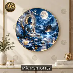 Tranh tráng gương tròn Phật giáo nghệ thuật 004 hình Phật thiền giữa núi sen decor