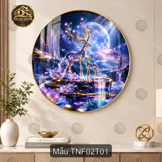 Tranh tròn tráng gương Thiên nhiên fantasy 002 hươu nai huyền ảo decor treo tường hiện đại