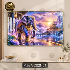 Tranh tráng gương Voi 002 sang trọng decor phòng khách phong cảnh voi hoa sen