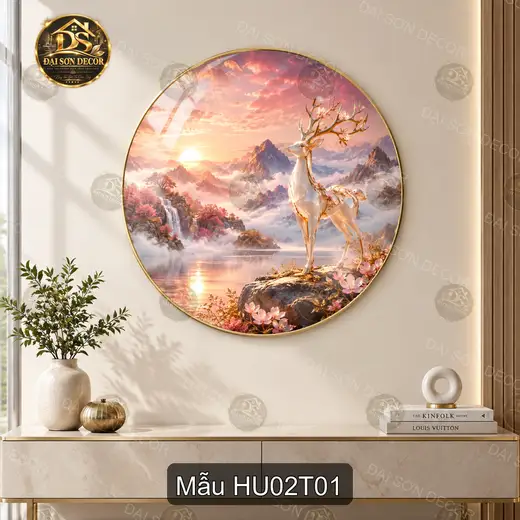 Tranh tráng gương tròn Hươu 002 phong cảnh sơn thủy sang trọng dễ phối nội thất phòng khách