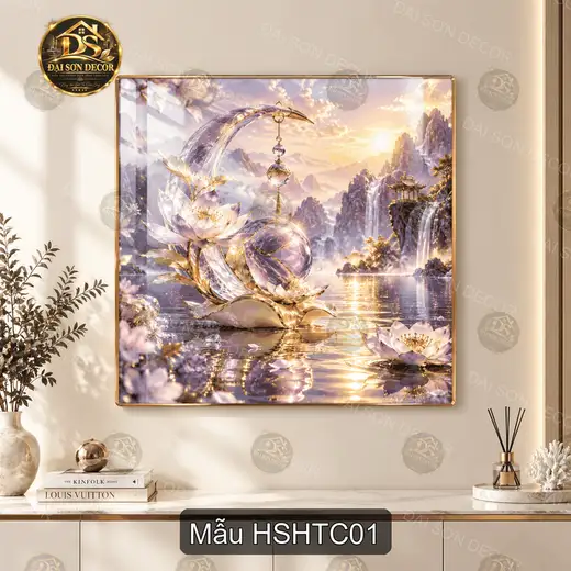 Tranh tráng gương hoa sen hồ tiên cảnh vuông treo tường decor phòng khách trang nhã