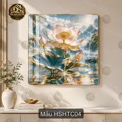 Tranh tráng gương hoa sen hồ tiên cảnh vuông treo tường decor phòng khách trang nhã