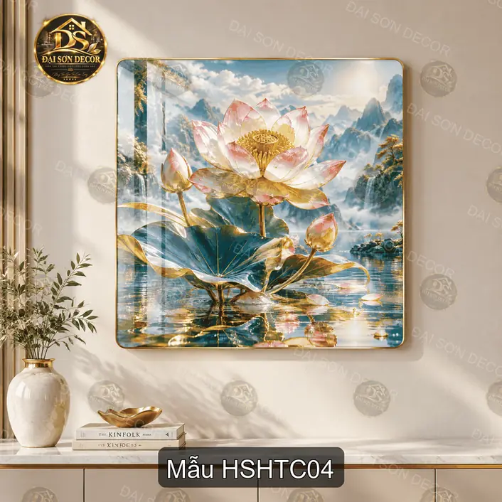 Tranh tráng gương hoa sen hồ tiên cảnh vuông treo tường decor phòng khách trang nhã