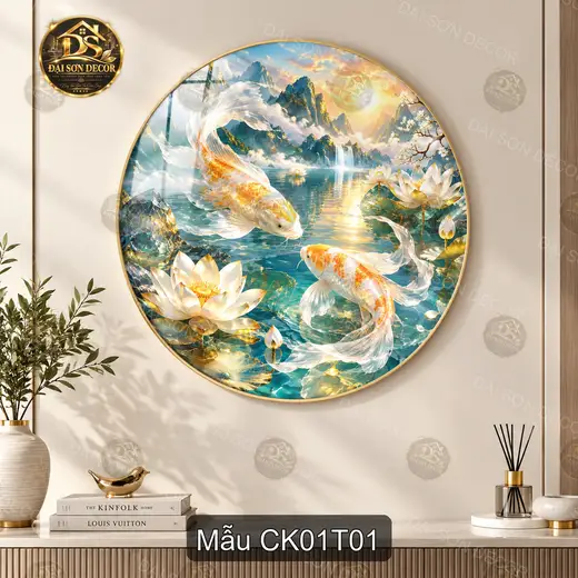 Tranh tròn cá Koi hoa sen tráng gương decor phòng khách sang trọng