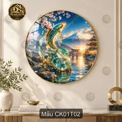 Tranh tròn cá Koi hoa sen tráng gương decor phòng khách sang trọng