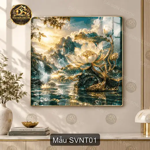 Tranh tráng gương vuông Sen vàng nghệ thuật phong cảnh hồ núi decor phòng khách quà tặng