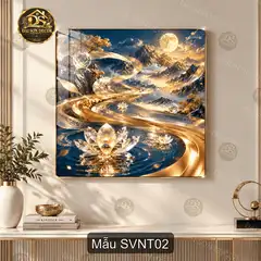 Tranh tráng gương vuông Sen vàng nghệ thuật phong cảnh hồ núi decor phòng khách quà tặng