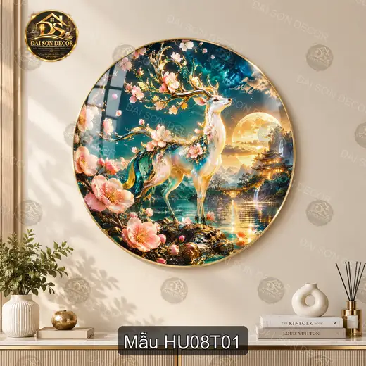 Tranh tròn tráng gương hươu 008 sang trọng decor phòng khách dễ phối nội thất