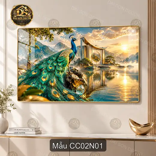 Tranh tráng gương Chim công 002 phong cảnh hồ núi decor phòng khách sang trọng