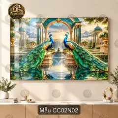 Tranh tráng gương Chim công 002 phong cảnh hồ núi decor phòng khách sang trọng