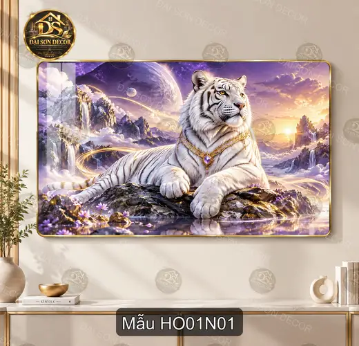 Tranh tráng gương Hổ 001 hổ trắng cảnh vũ trụ sang trọng dễ phối nội thất phòng khách