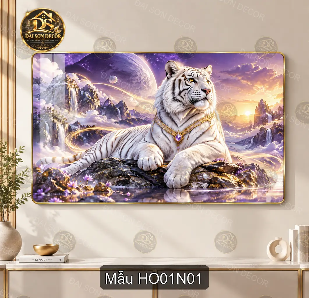 Tranh tráng gương Hổ 001 hổ trắng cảnh vũ trụ sang trọng dễ phối nội thất phòng khách