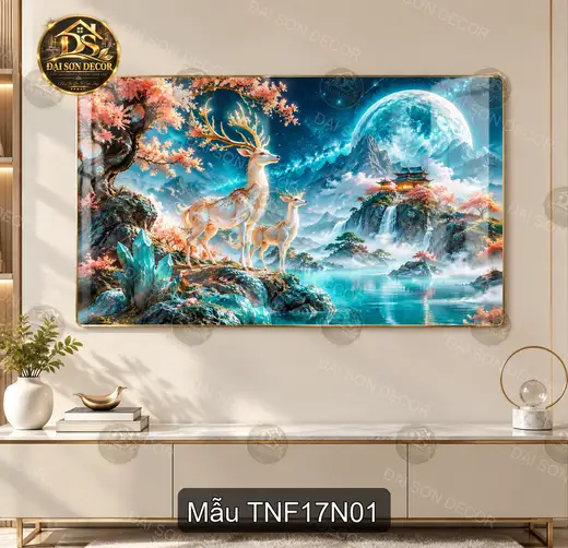 Tranh tráng gương Thiên nhiên fantasy 017 hươu thần dưới trăng decor nội thất sang trọng phòng khách