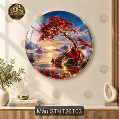 Tranh tráng gương tròn phong cảnh sơn thủy hữu tình hoa trắng hồ nước treo tường