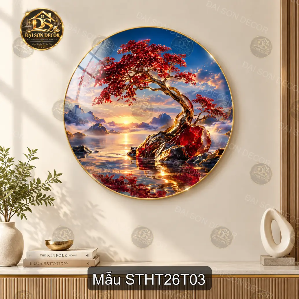 Tranh tráng gương tròn phong cảnh sơn thủy hữu tình hoa trắng hồ nước treo tường