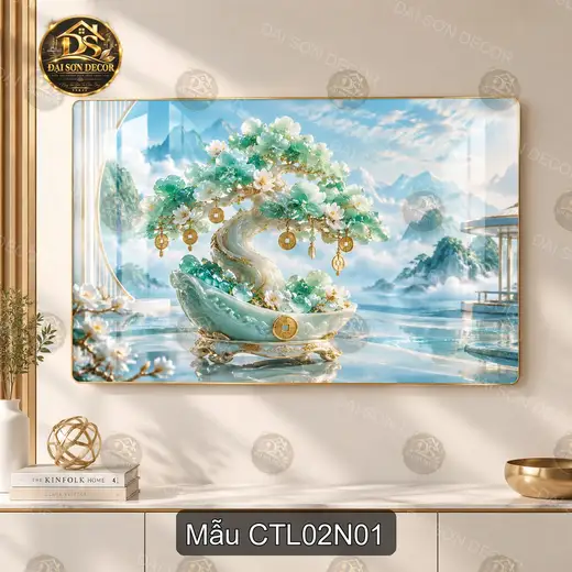 Tranh tráng gương cây tài lộc ngọc xanh hoa trắng treo tường decor phòng khách CTL02N01