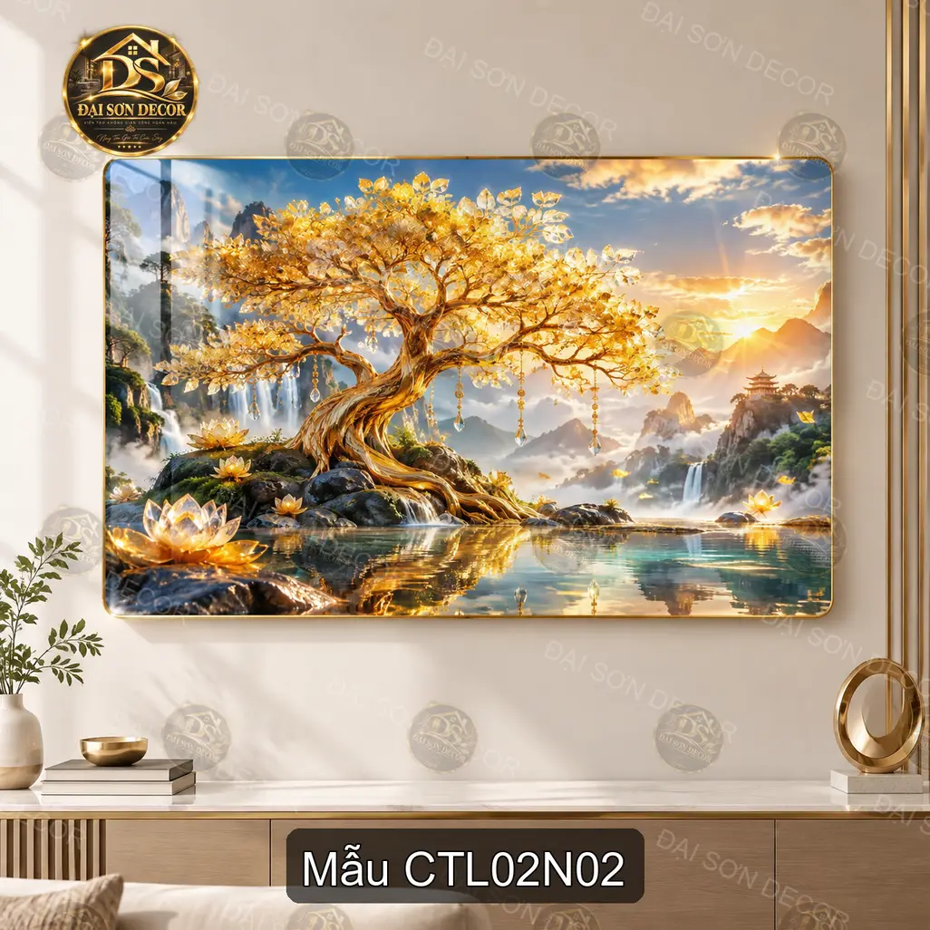Tranh tráng gương cây tài lộc ngọc xanh hoa trắng treo tường decor phòng khách CTL02N01